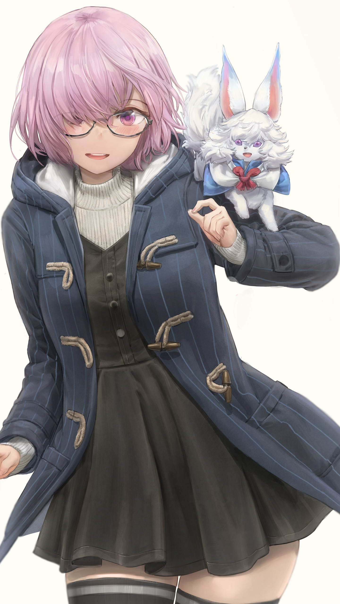 插画手绘背着宠物的短发动漫美女手机壁纸-皮皮兔动漫