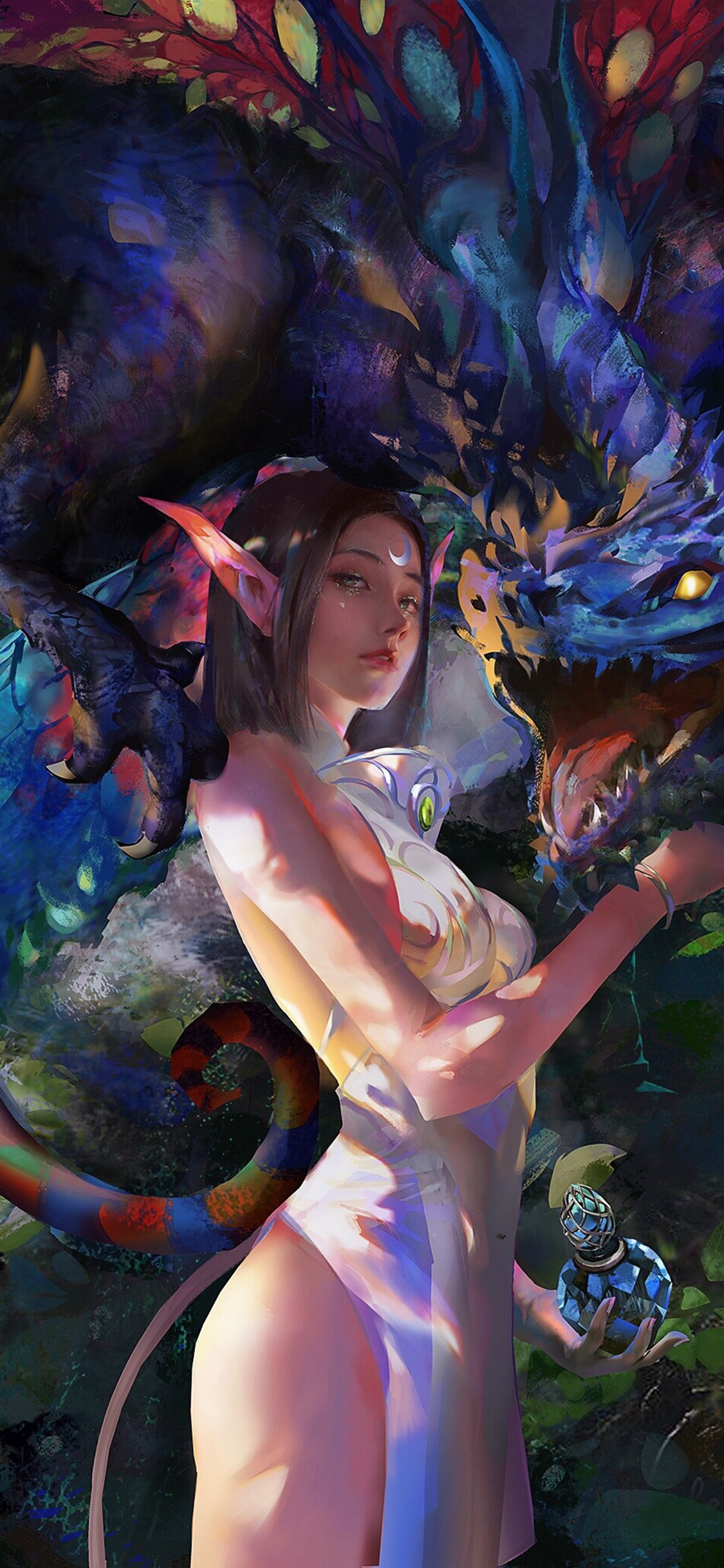 创意插画美女长耳精灵与他的龙手绘动漫手机壁纸-皮皮兔动漫