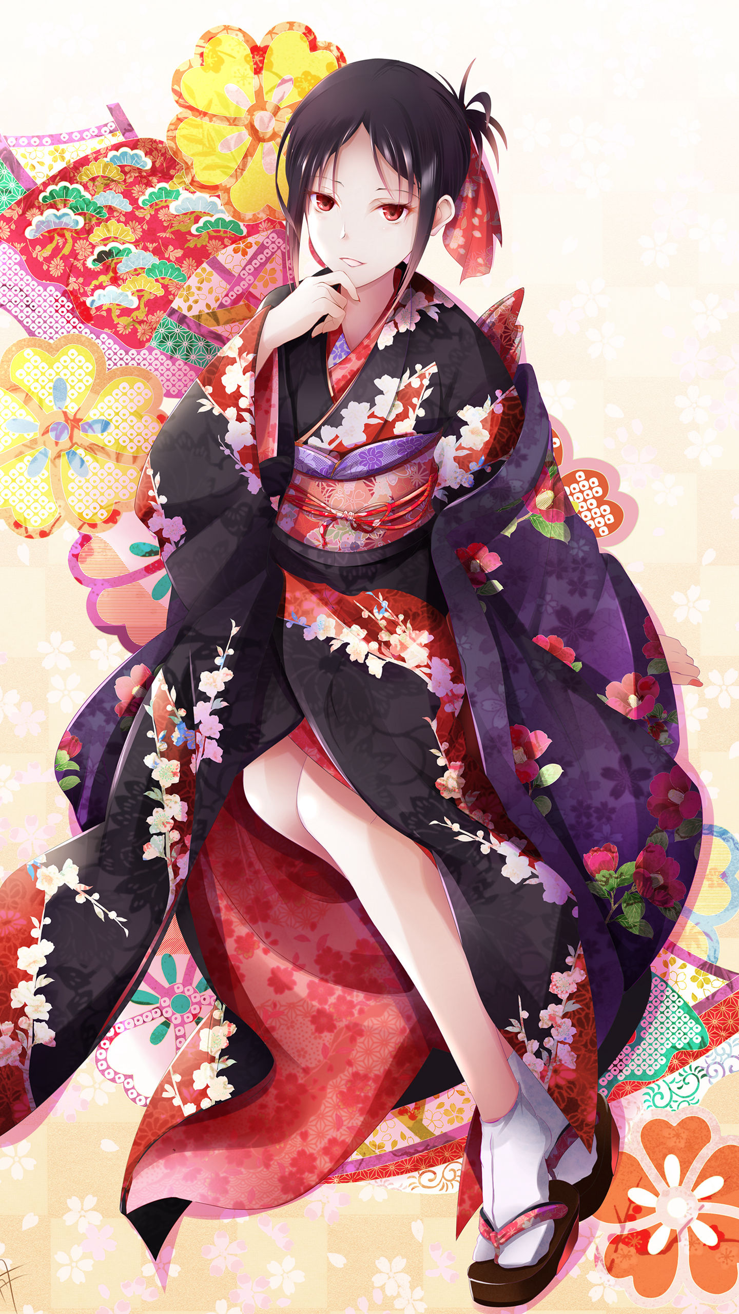 日本风格动漫少女插画手机壁纸，穿和服的动漫少女-皮皮兔动漫