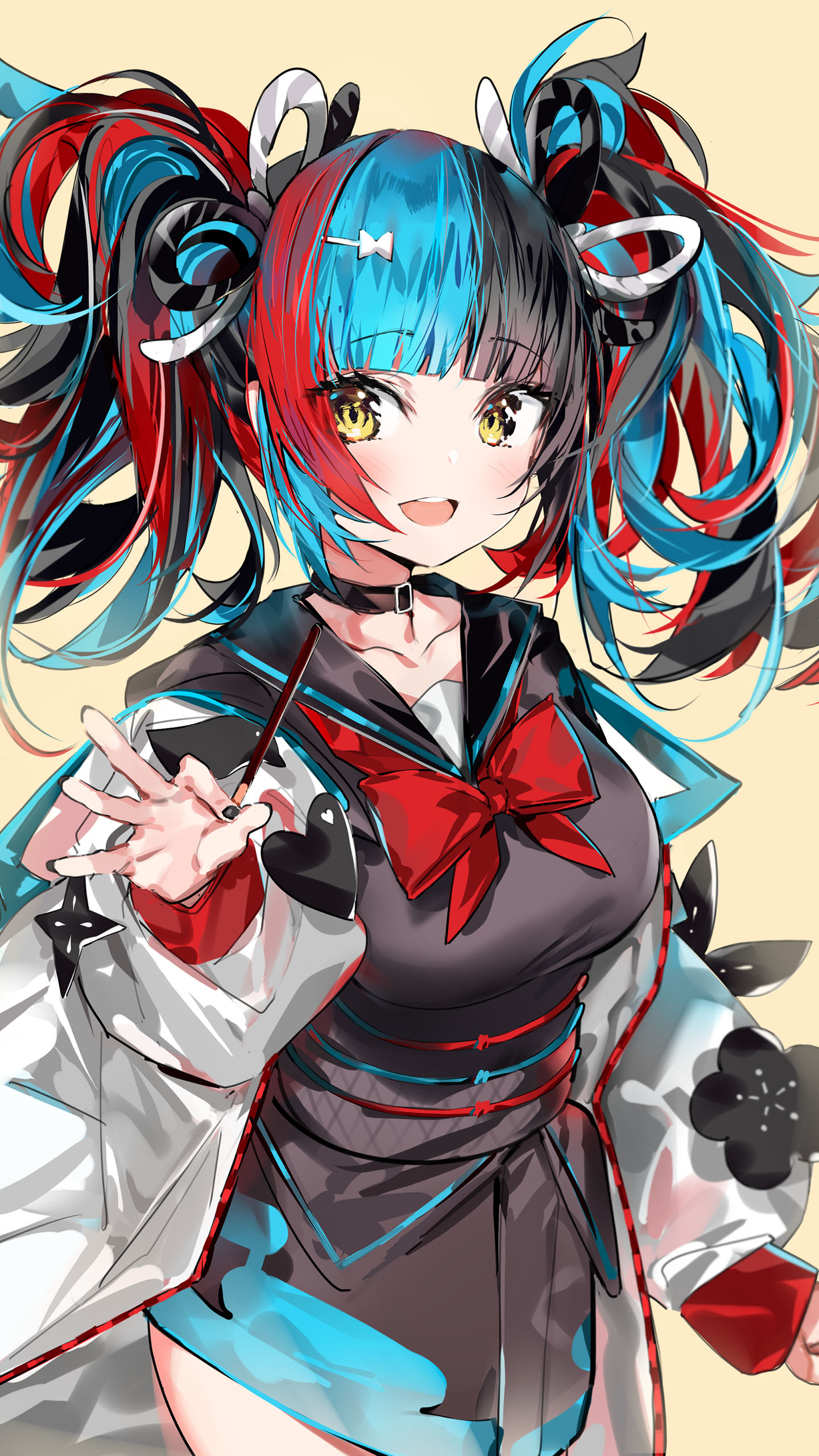 蓝红黑色炫彩发色的创意动漫少女插画手机壁纸-皮皮兔动漫