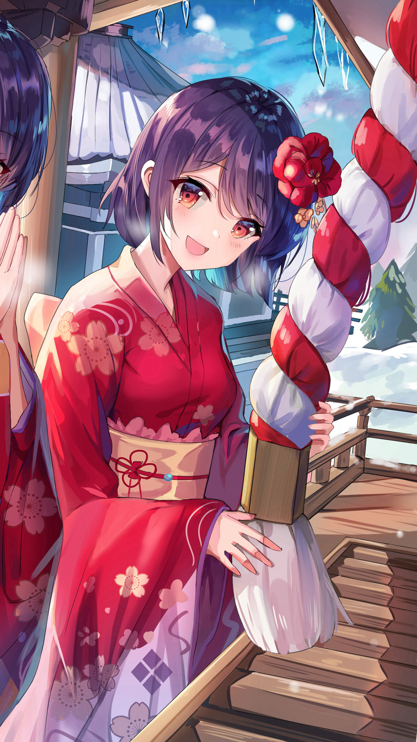 可爱的穿红色和服的动漫少女闺蜜一人一半手机壁纸-皮皮兔动漫