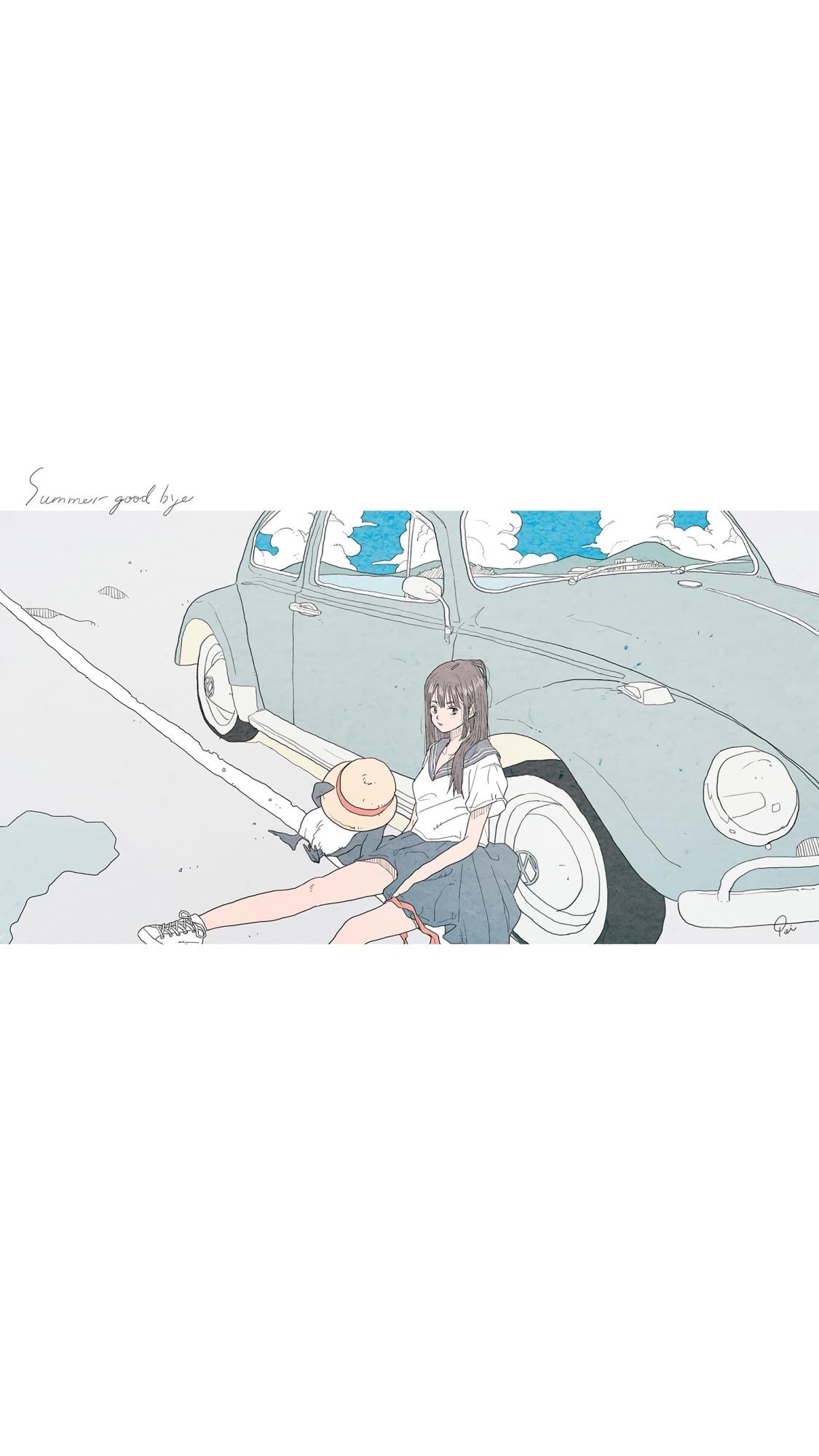 小清新蓝色系文艺少女插画手机壁纸 第二辑