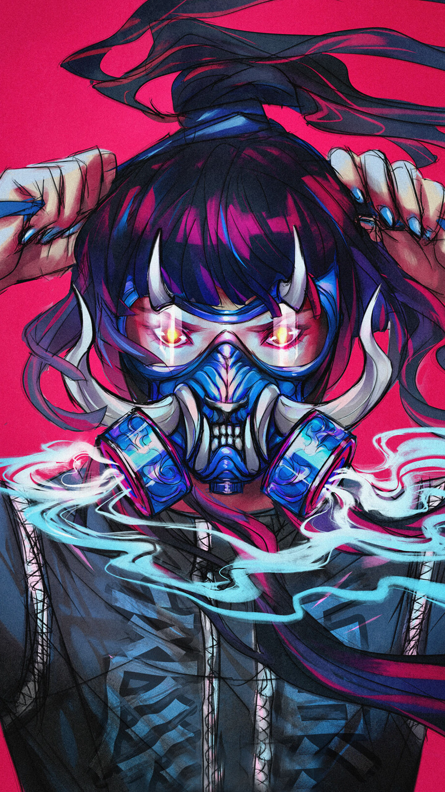 奇特线条朋克画风的戴面具的动漫女生插画手机壁纸-皮皮兔动漫