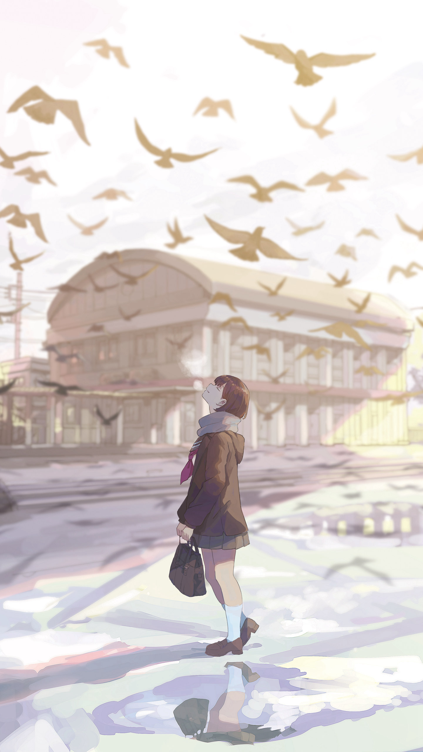 动漫学生走在满天鸽子飞舞的广场的插画手机壁纸-皮皮兔动漫