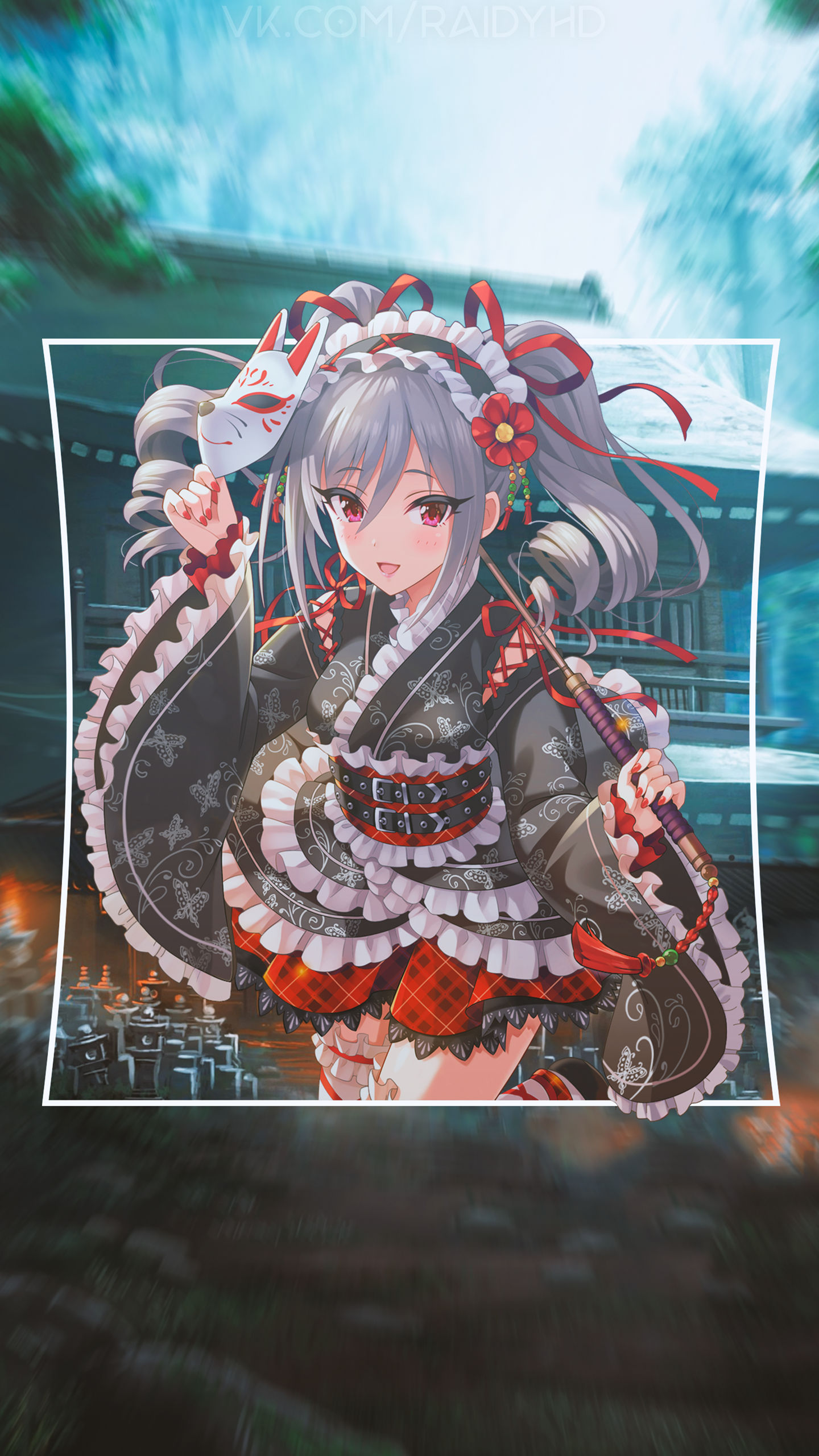 穿和服手机狐狸面具的动漫双马尾人物手机壁纸-皮皮兔动漫