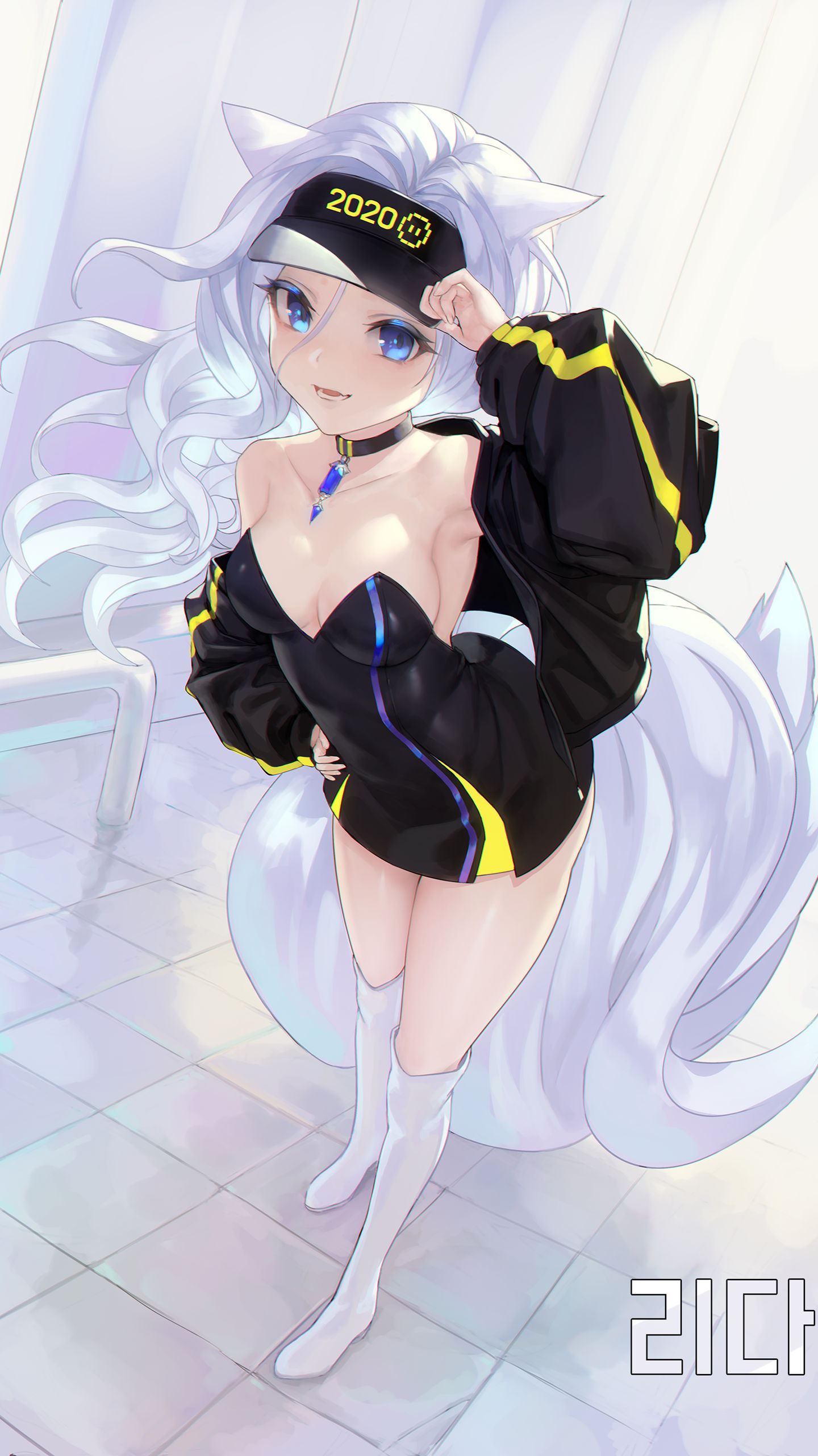 穿时尚运动外套的动漫女狐妖插画手机壁纸-皮皮兔动漫