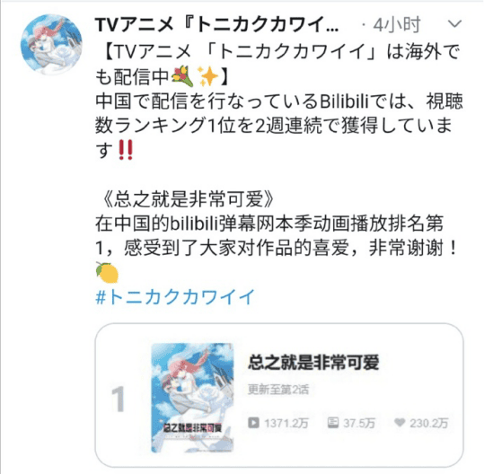 「总之就是非常可爱」b站播放量位居本季度动画第一-皮皮兔动漫