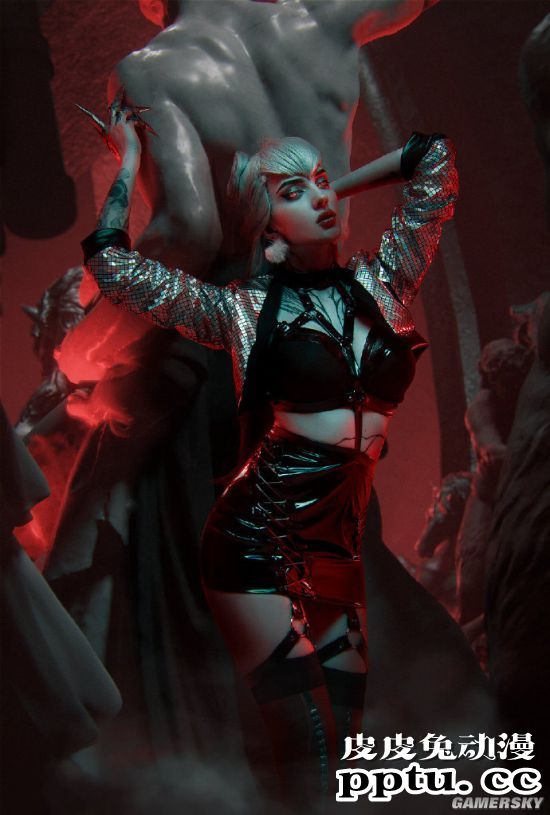 俄妹COS《LOL》KDA伊芙琳 皮裙黑丝下的修长美腿-皮皮兔动漫