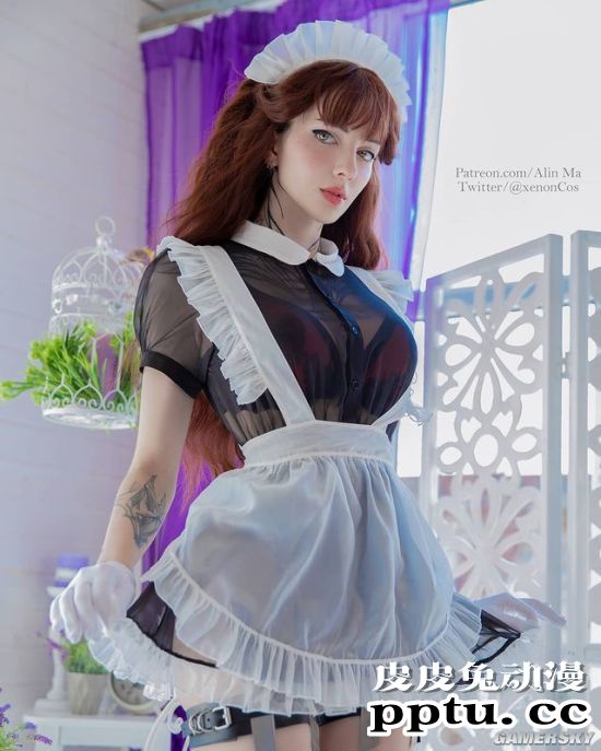 俄妹COS《LOL》KDA伊芙琳 皮裙黑丝下的修长美腿