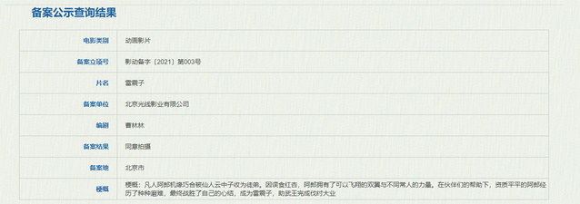 动画电影「雷震子」立项、备案公示表公开-皮皮兔动漫