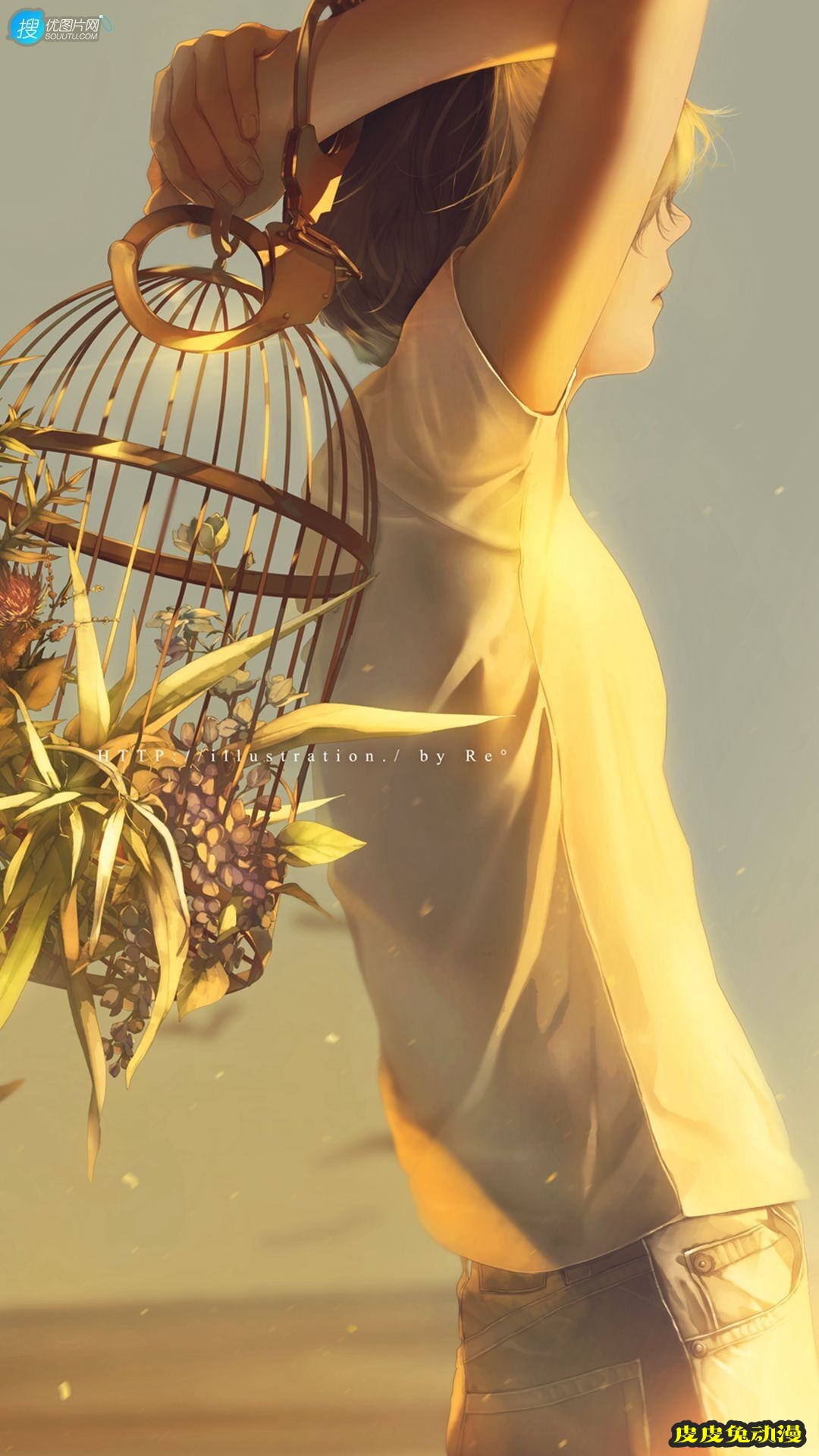 将自己双手反铐在鸟笼上的二次元男孩插画手机壁纸图片-皮皮兔动漫