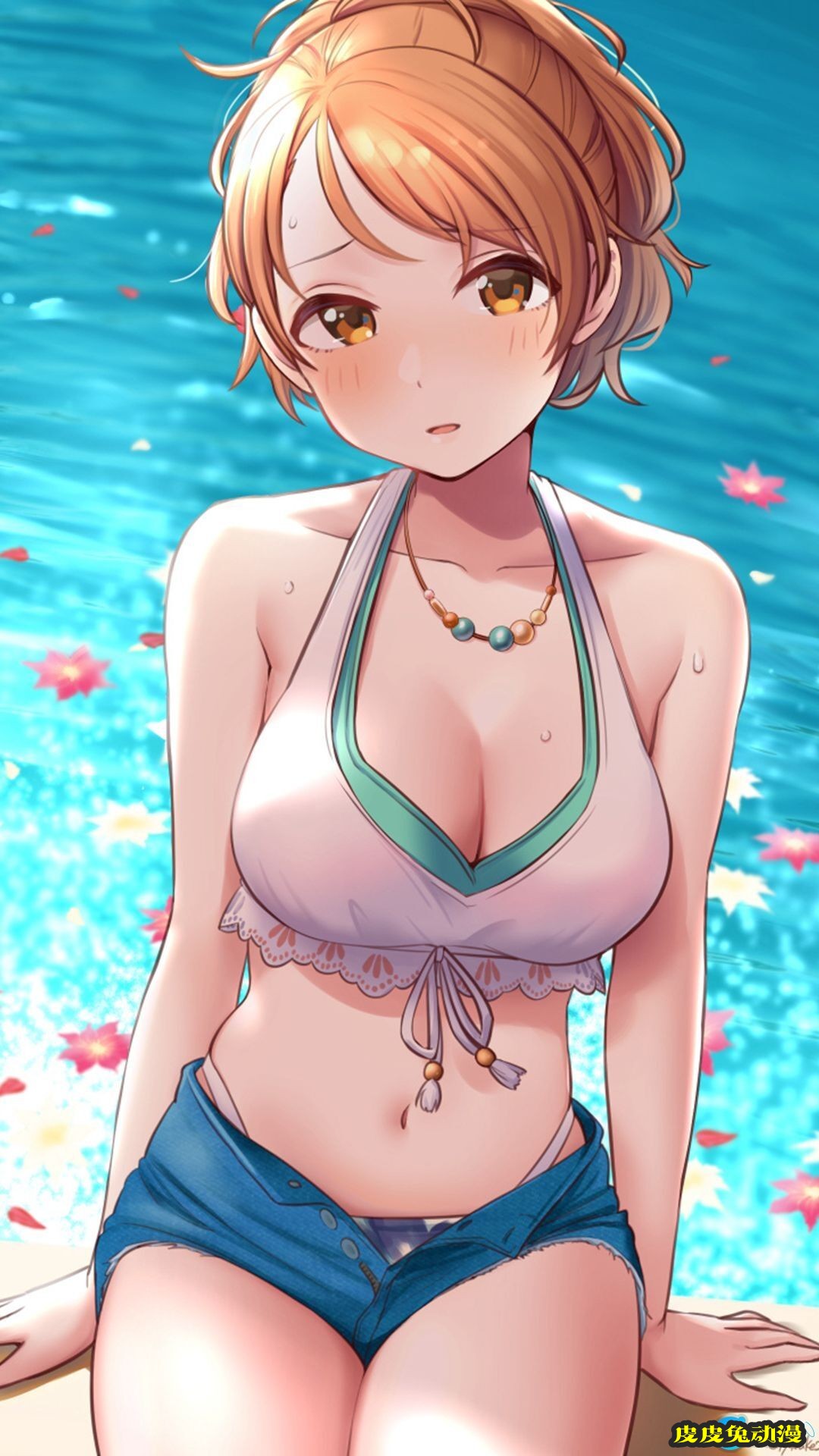 坐在湖边的性感丰满吊带背心短裤二次元美少女高清插画手机壁纸图片-皮皮兔动漫