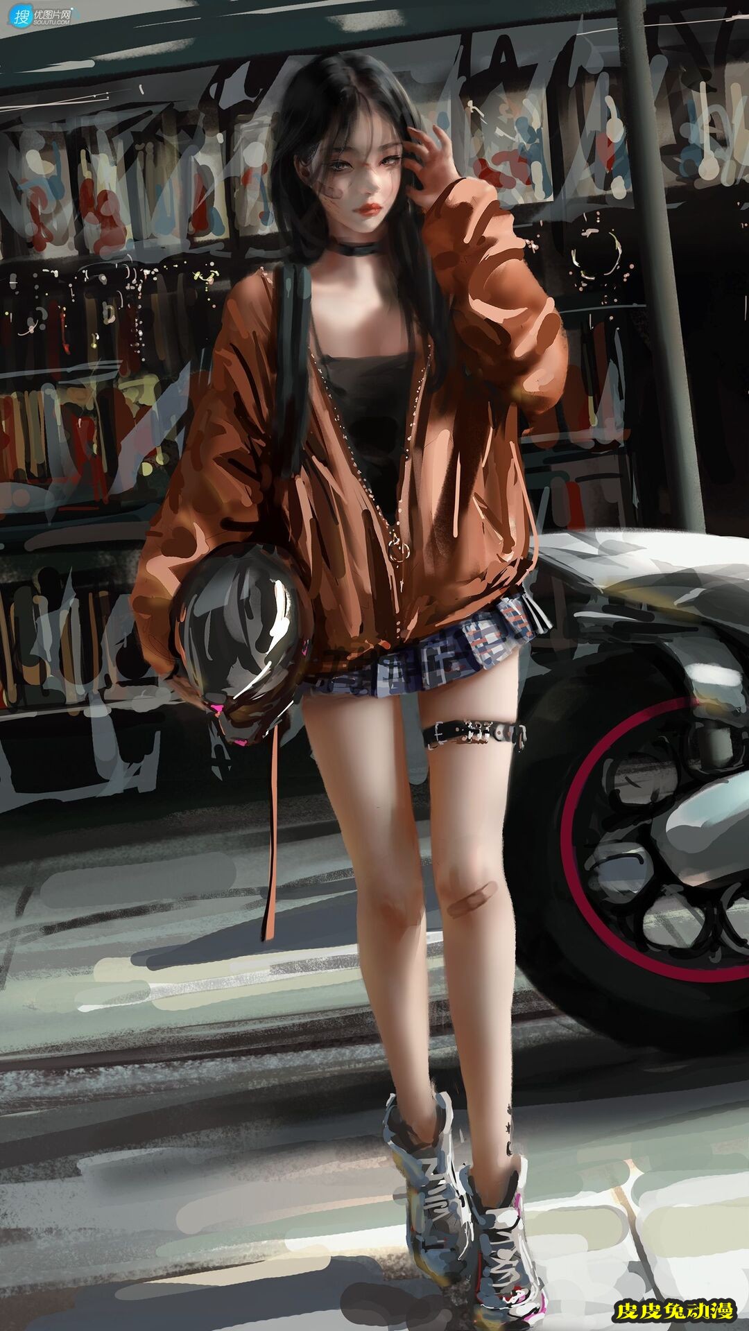 手抱头盔的时尚，个性，酷飒二次元短裙机车少女高清插画手机壁纸图片-皮皮兔动漫