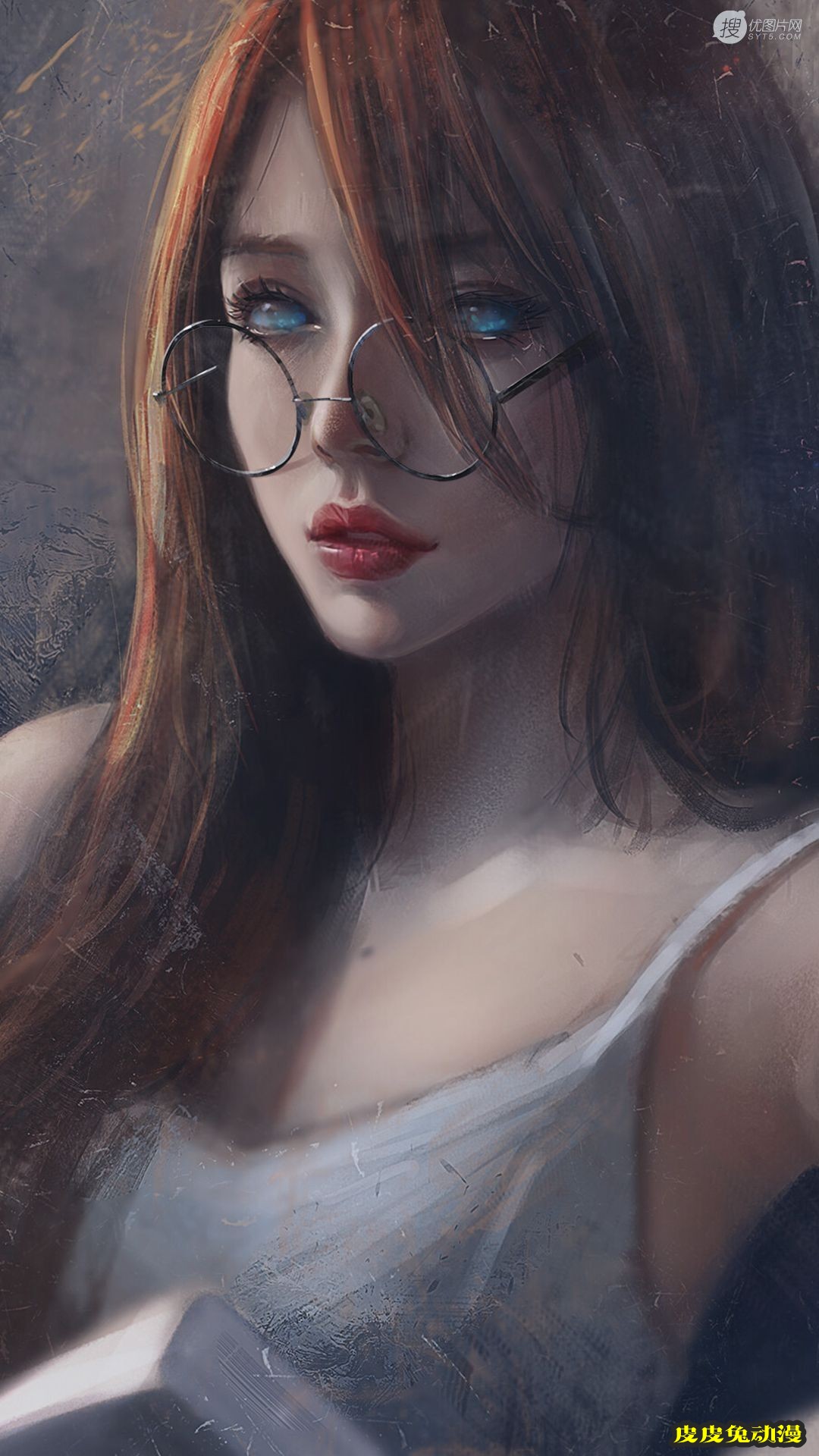 戴眼镜看书的性感吊带睡衣动漫女高清插画图片-皮皮兔动漫