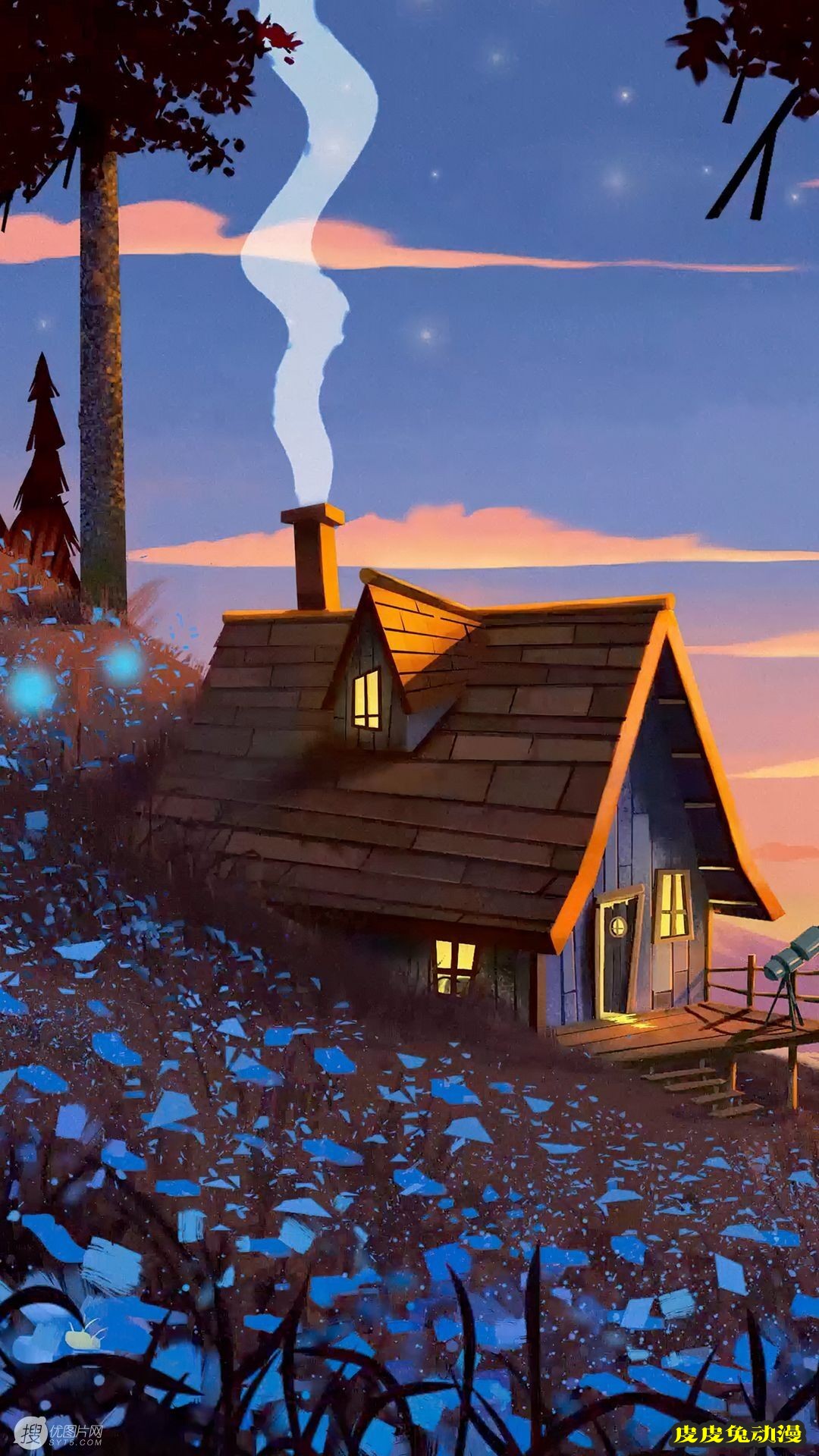 山花浪漫的半山坡上，一栋冒着炊烟的小木屋唯美动漫插画美图壁纸-皮皮兔动漫