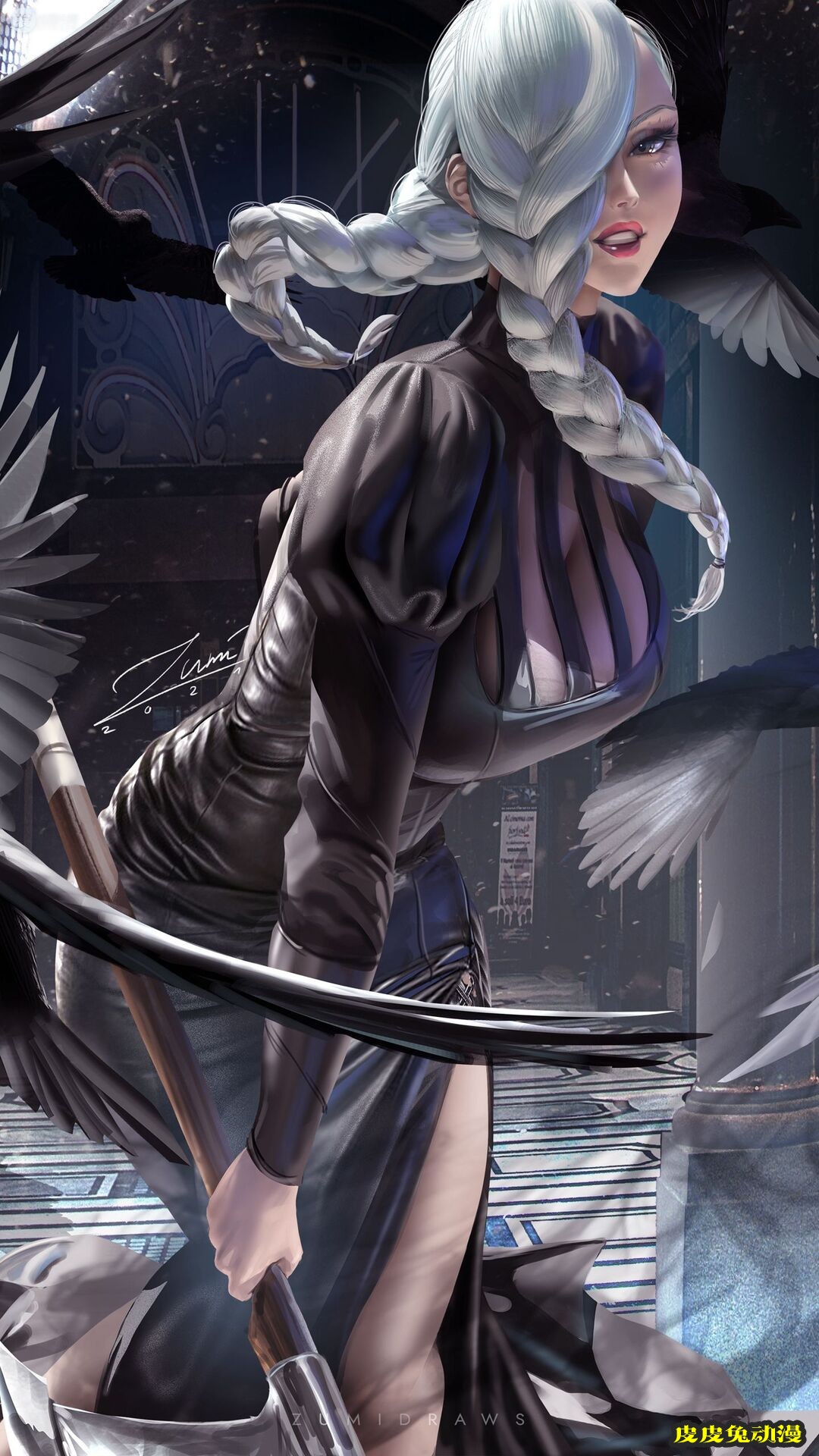 白色头发的双麻花辫性感丰满动漫美女御姐高清手机壁纸图片-皮皮兔动漫