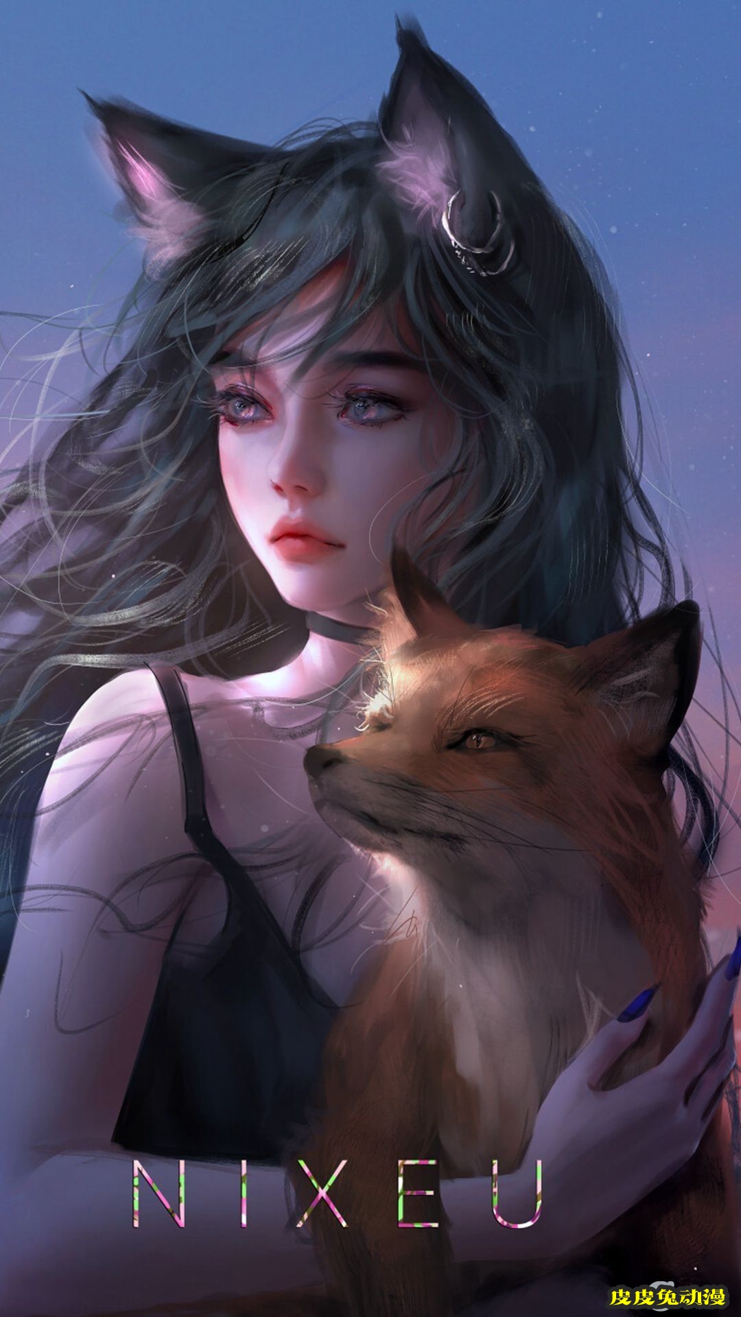 抱着一只狐狸的狐狸耳朵少女高清动漫cg插画手机壁纸图片-皮皮兔动漫