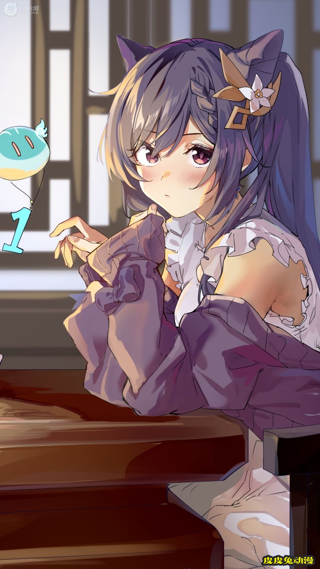 靠在桌子上的狐狸耳朵动漫少女手机壁纸图片-皮皮兔动漫