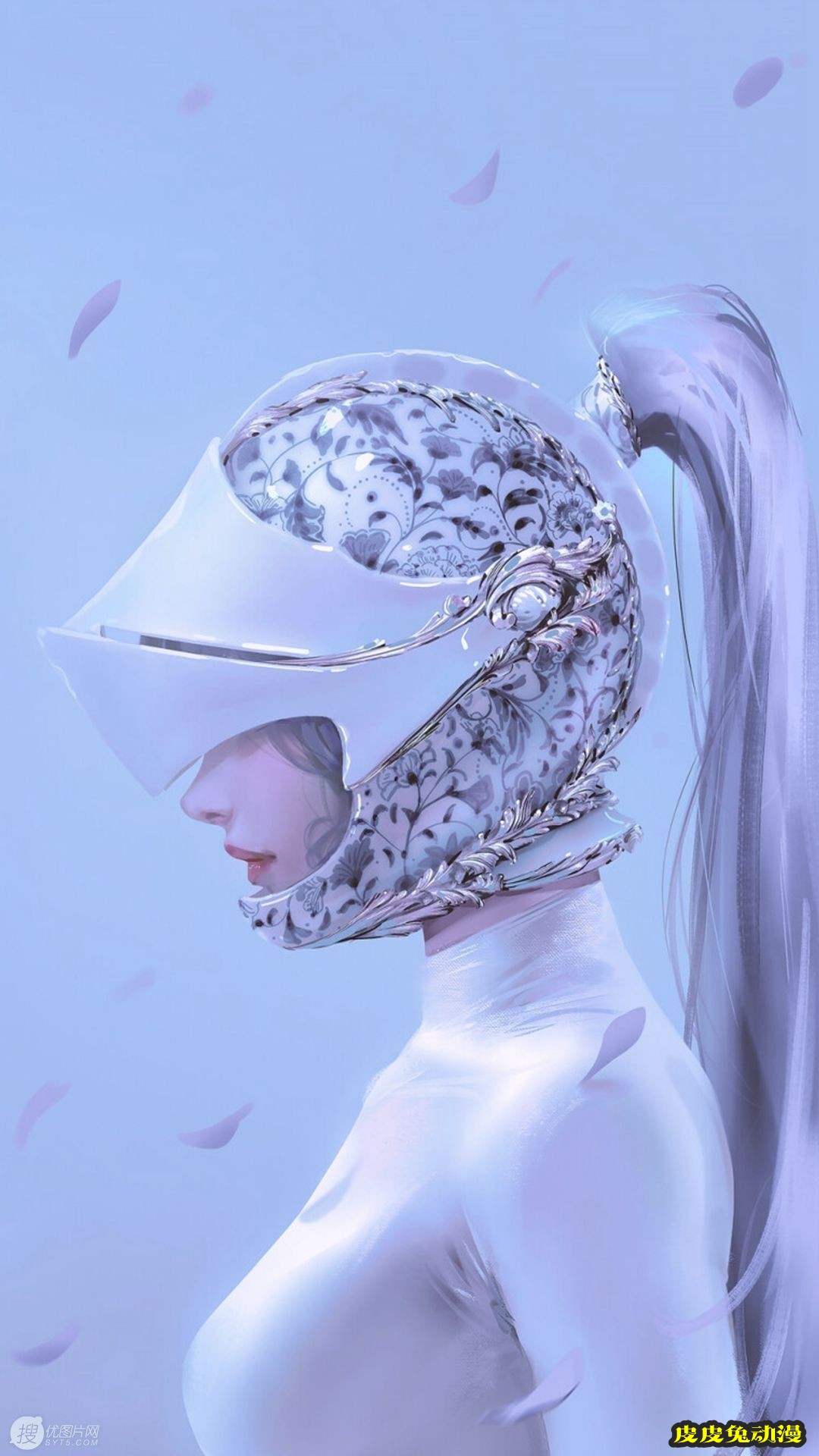 戴着科幻感十足头盔的性感丰满马尾辫白发动漫少女高清手机壁纸图片-皮皮兔动漫