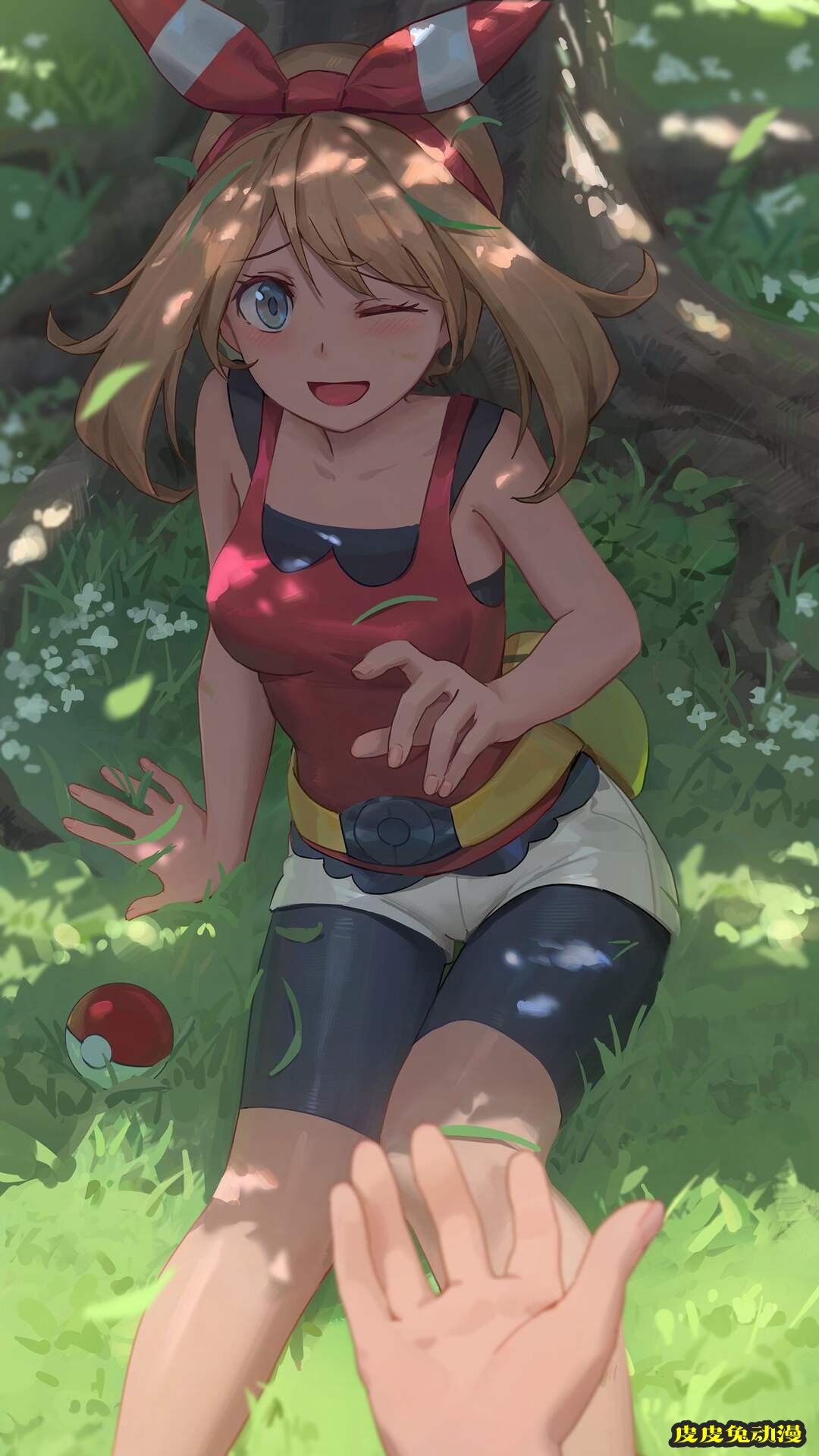 摔倒在大树前草地上的性感可爱大眼睛动漫美少女高清手机壁纸图片-皮皮兔动漫