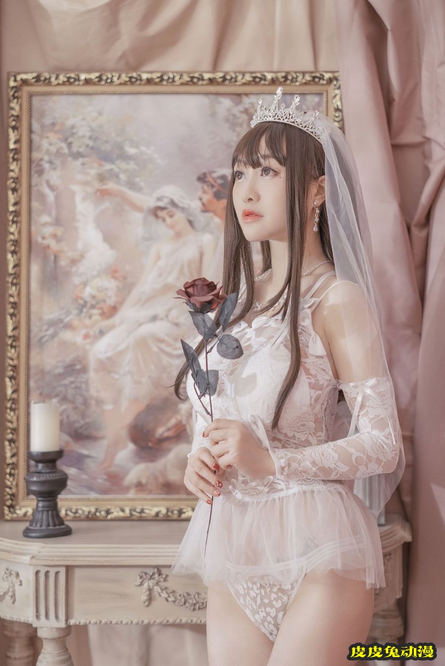 动漫博主脱尾巴Mizuki白色蕾丝缕空婚纱主题情趣服饰写真-皮皮兔动漫