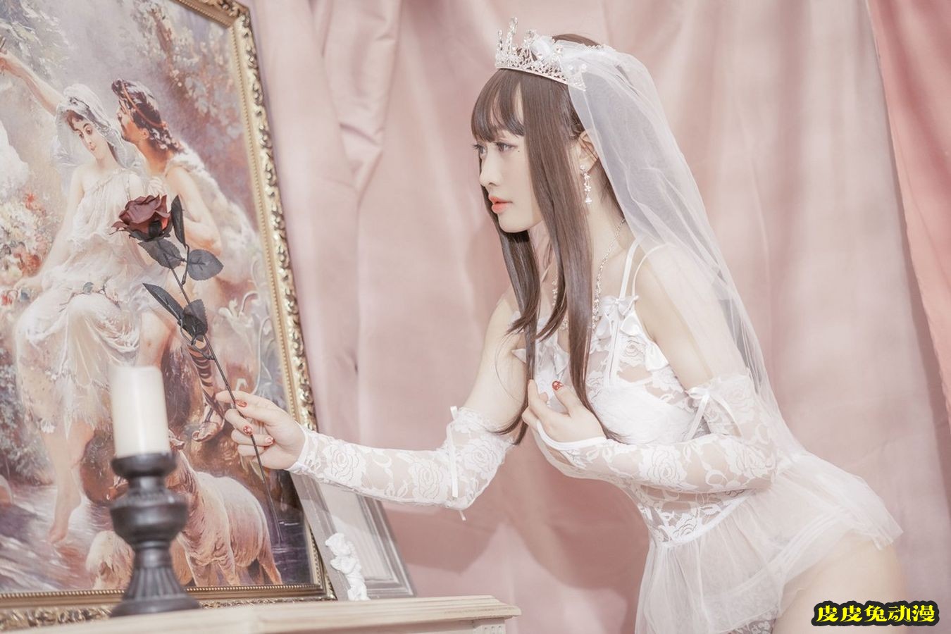 动漫博主脱尾巴Mizuki白色蕾丝缕空婚纱主题情趣服饰写真