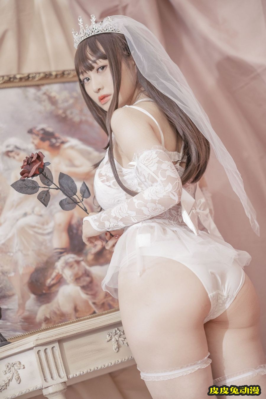 动漫博主脱尾巴Mizuki白色蕾丝缕空婚纱主题情趣服饰写真