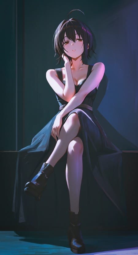 冷艳系动漫精美手机壁纸｜黑裙紫发×熔岩橘瞳×霓虹烟雾光效-皮皮兔动漫