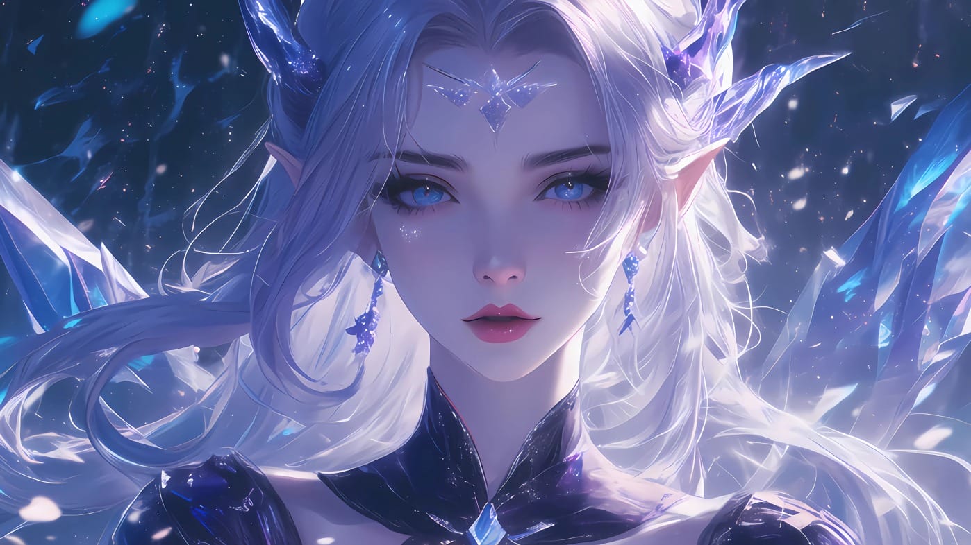 冰晶星辰下的精灵 – AI绘画精美动漫壁纸