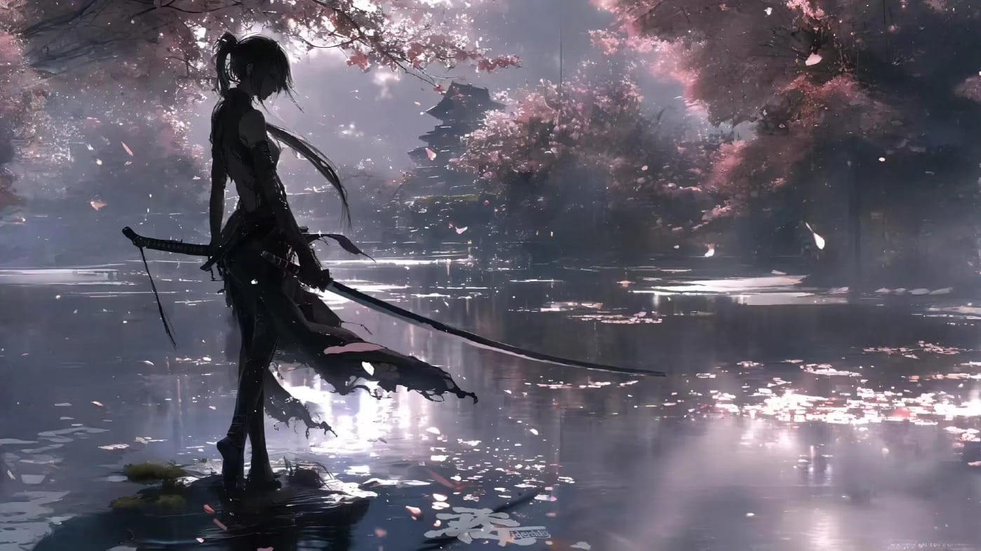 樱花武士2K电脑壁纸:长刀剪影与静谧孤寂