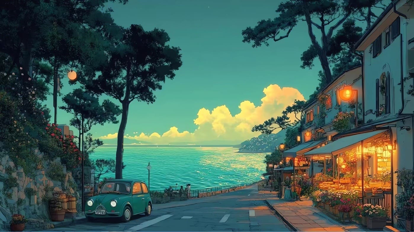 治愈系海边街道2K电脑壁纸:复古小车与温馨花店