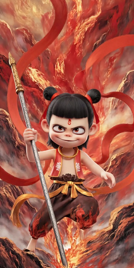 《哪吒之魔童闹海》哪吒2K手机壁纸:烈焰长枪与英勇无畏