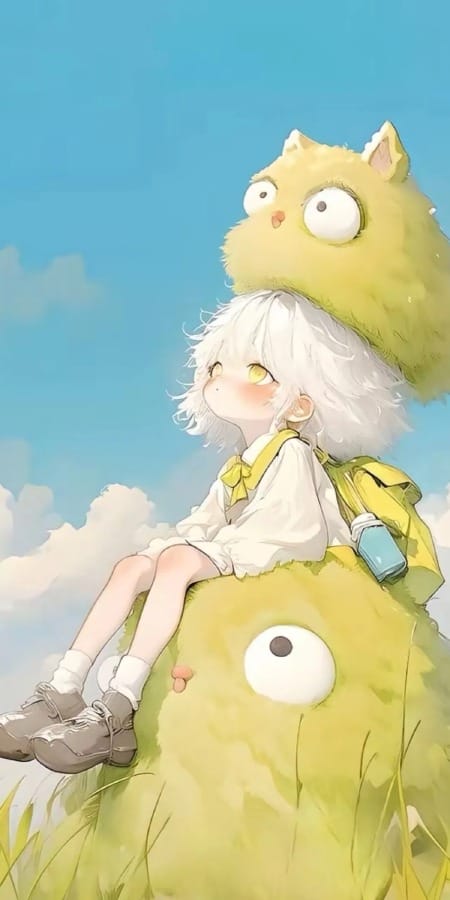 胖萌宠物和可爱小女孩卡通2K手机壁纸:清新夏日的温馨时光
