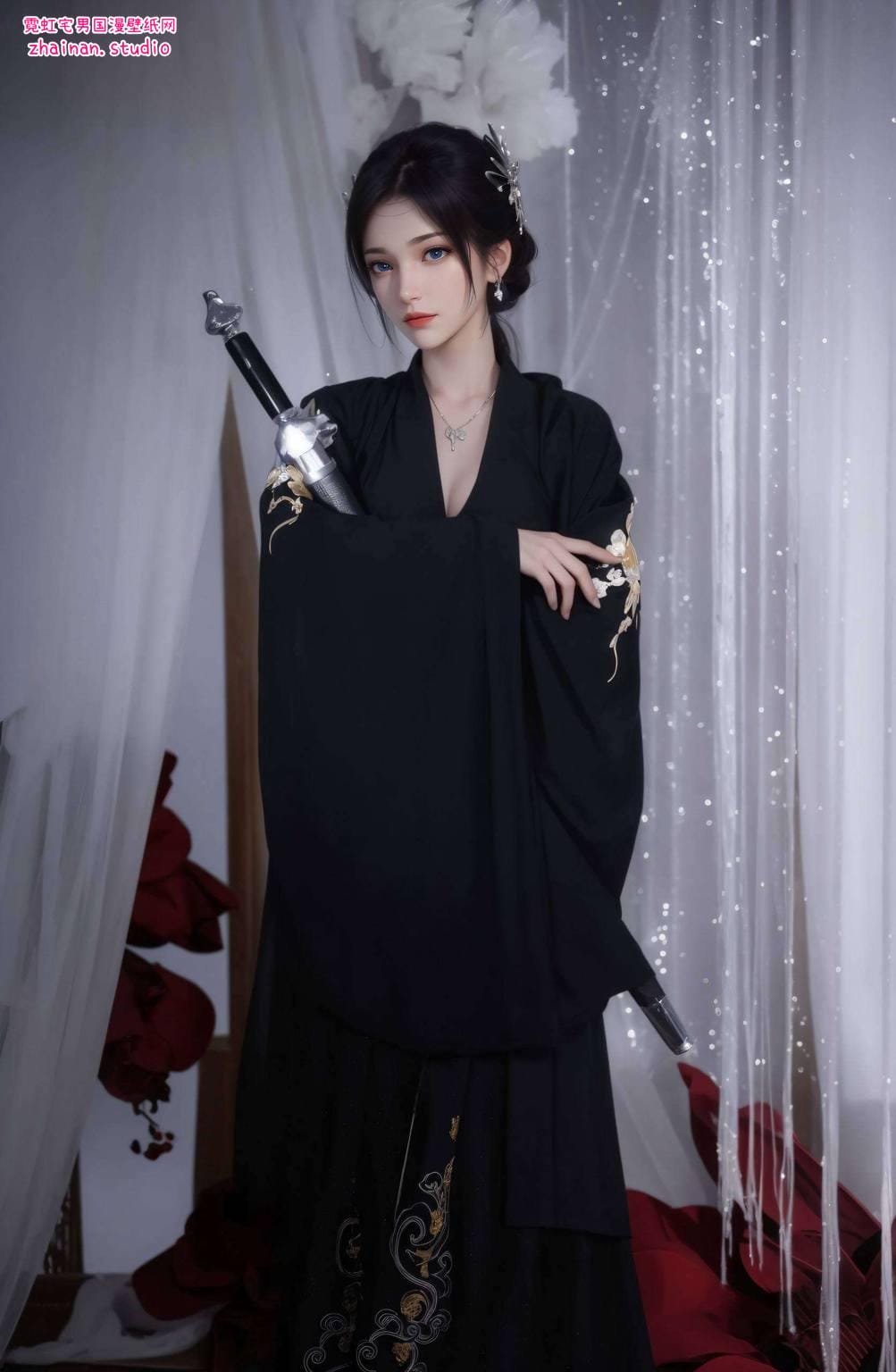 云韵手机高清壁纸三连屏：AI绘画角色体态素材免费下载-皮皮兔动漫