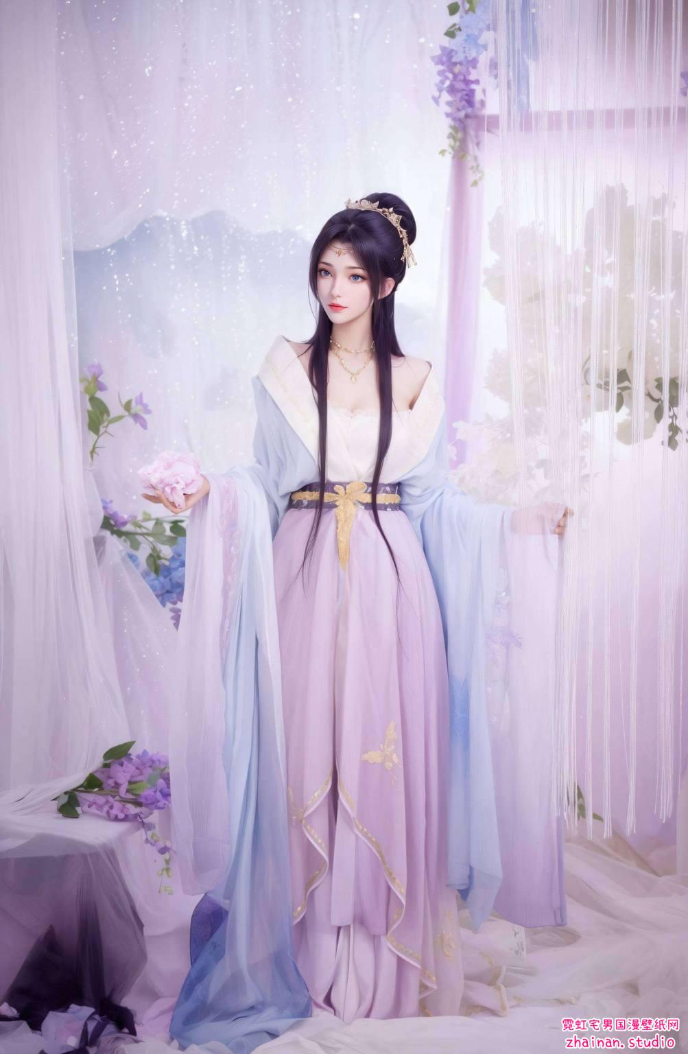 云韵手机高清壁纸三连屏：AI绘画角色体态素材免费下载