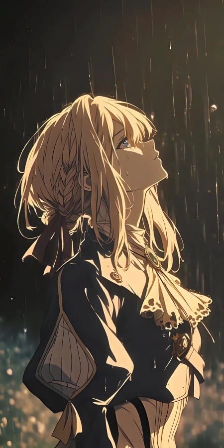 雨中少女2K手机壁纸：金色长发与静谧忧伤