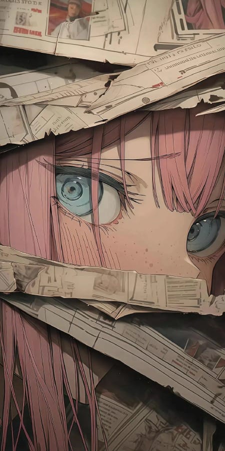 粉色头发女孩2K手机壁纸:撕裂报纸与神秘压抑