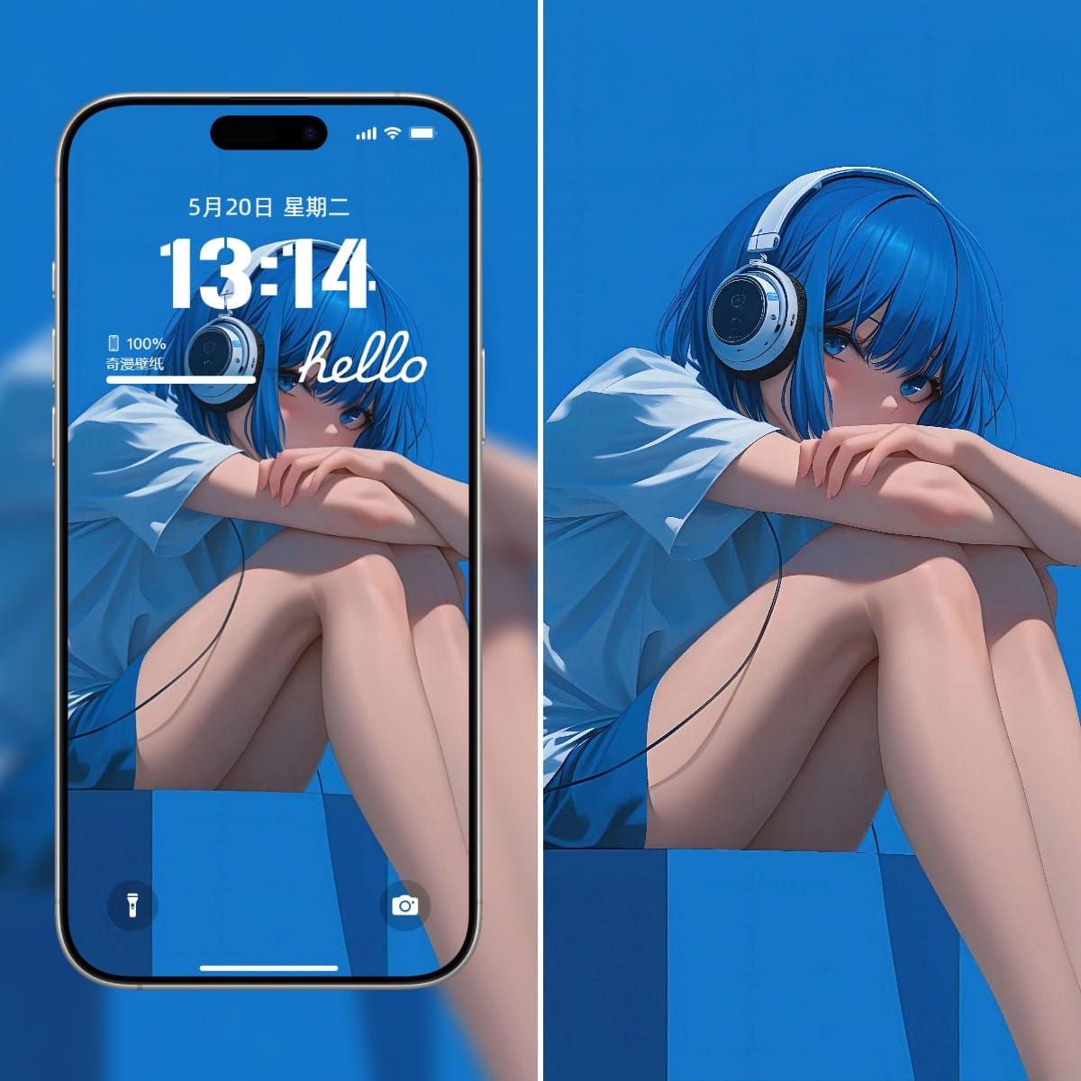 蓝发耳机少女：宁静动漫5K手机壁纸