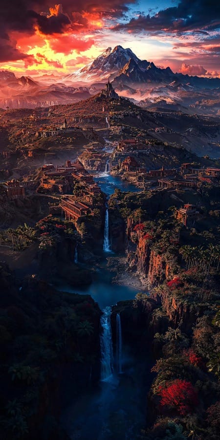 奇幻异世界5K手机壁纸:雪山晚霞与神秘桃源