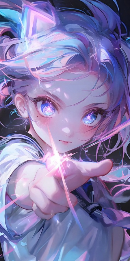 蓝紫发色魔法少女5K手机壁纸:梦幻光芒与星辰之瞳