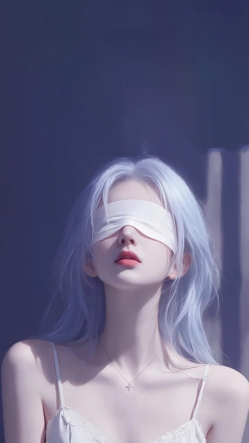 蒙眼白发少女5K壁纸