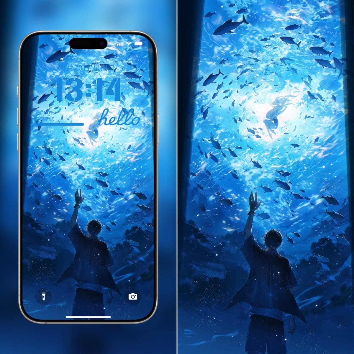 奇幻海底之窗 – 动漫2K手机壁纸(男子与悬浮女子)