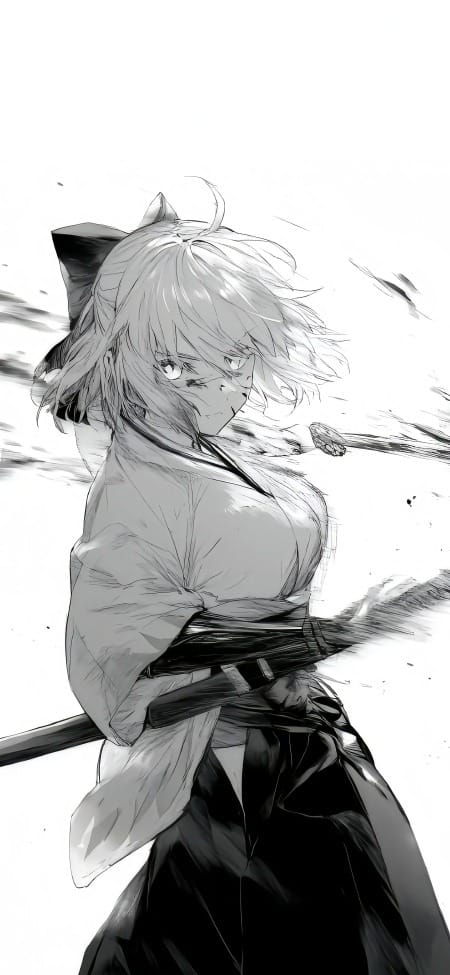 动漫2K手机壁纸:黑白武士少女的凌厉战斗姿态