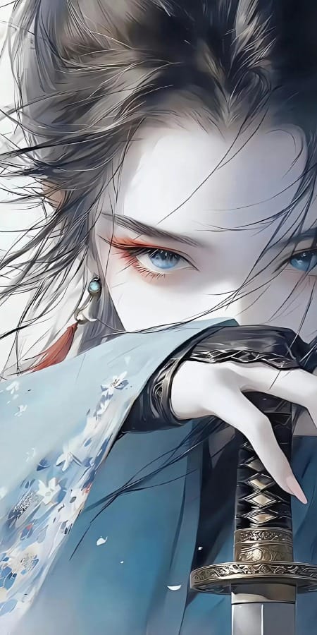 古风武侠动漫2K手机壁纸 | 蓝白衣袖下的冷峻剑客