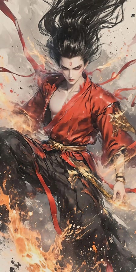 《哪吒之魔童闹海》哪吒2K手机壁纸:烈火中不羁的少年英雄