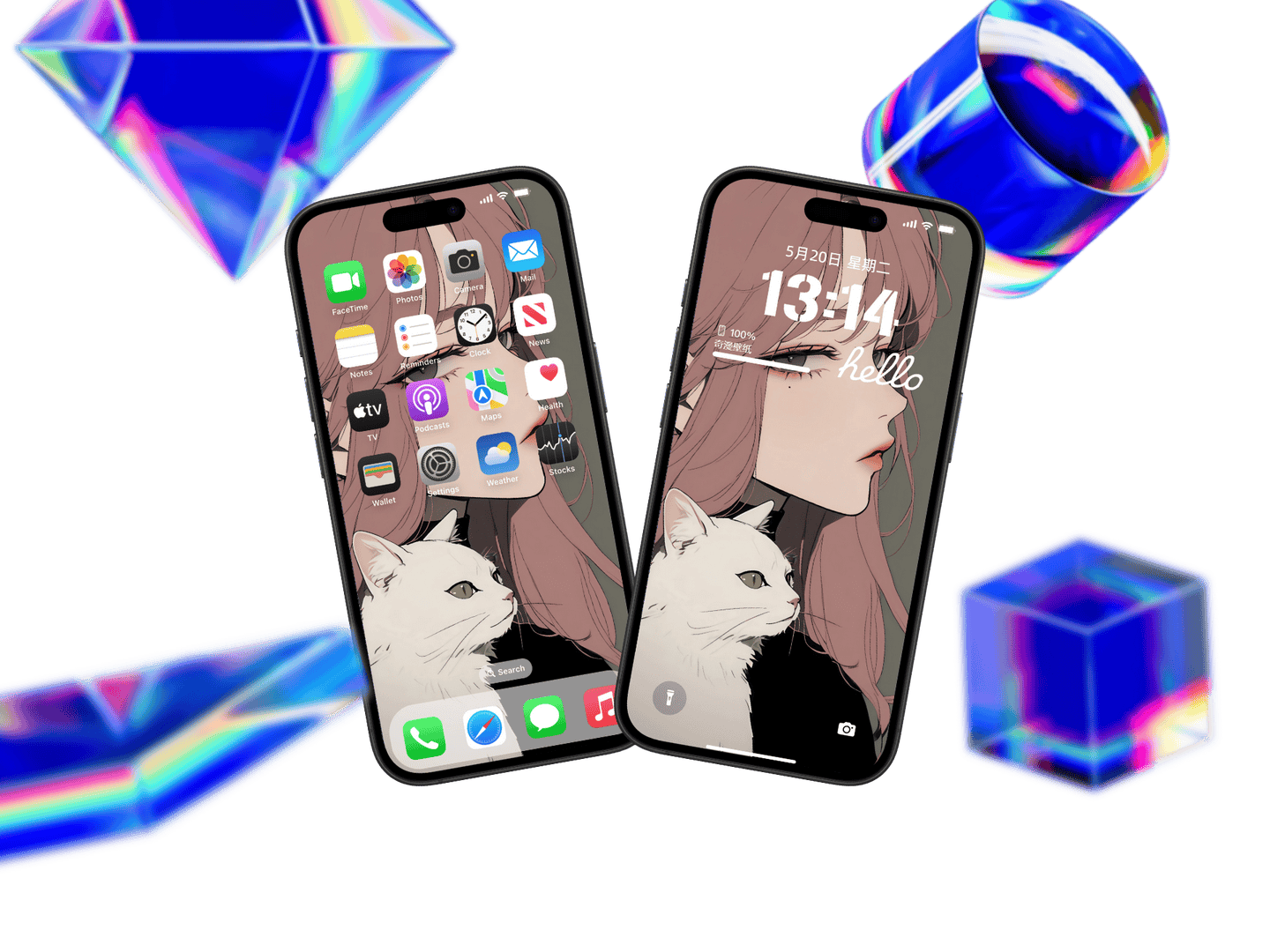 高清粉发少女与白猫温馨插画-皮皮兔动漫