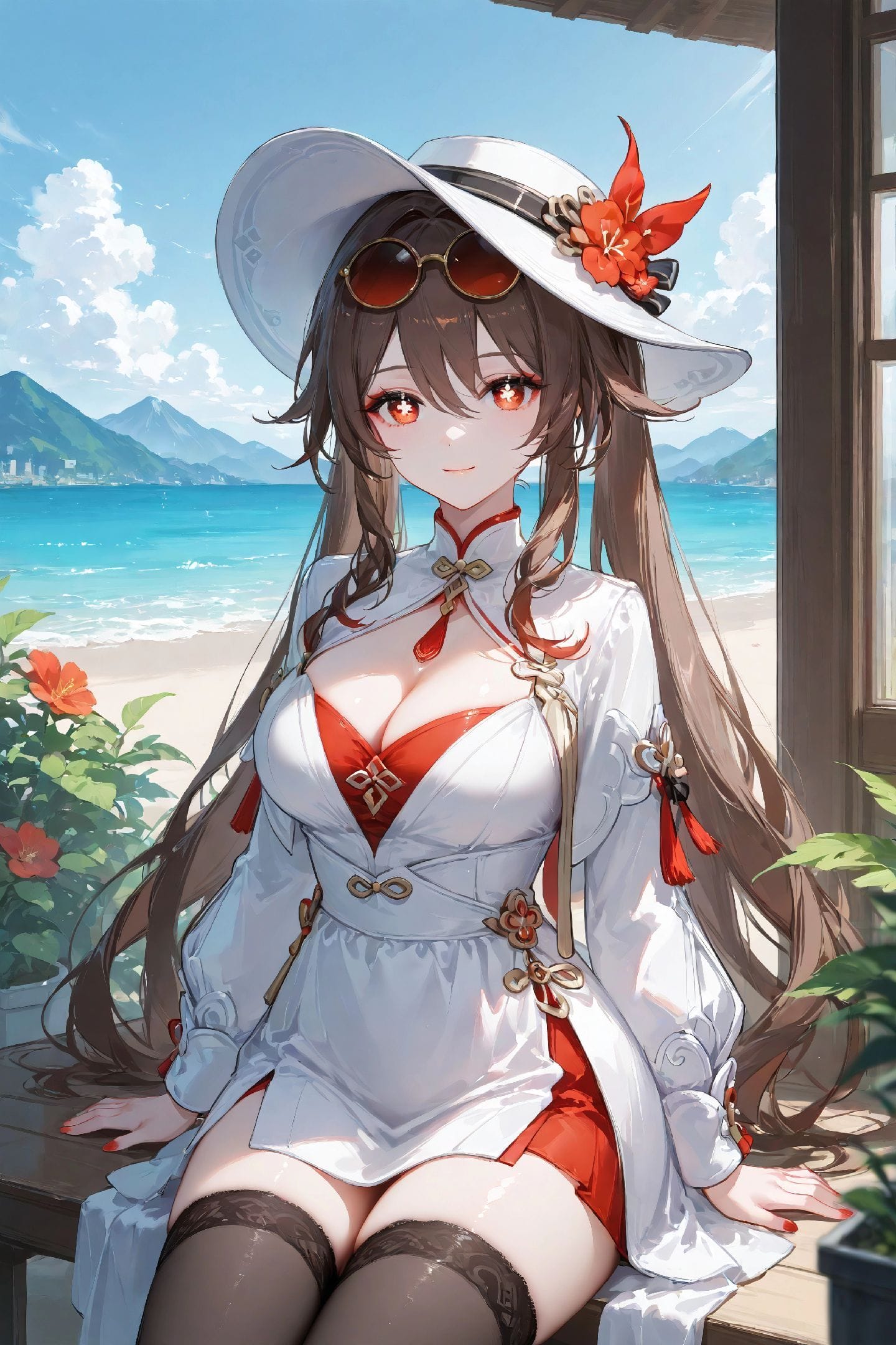 海边 二次元少女 女孩【原神 胡桃】黑丝美腿 丝袜