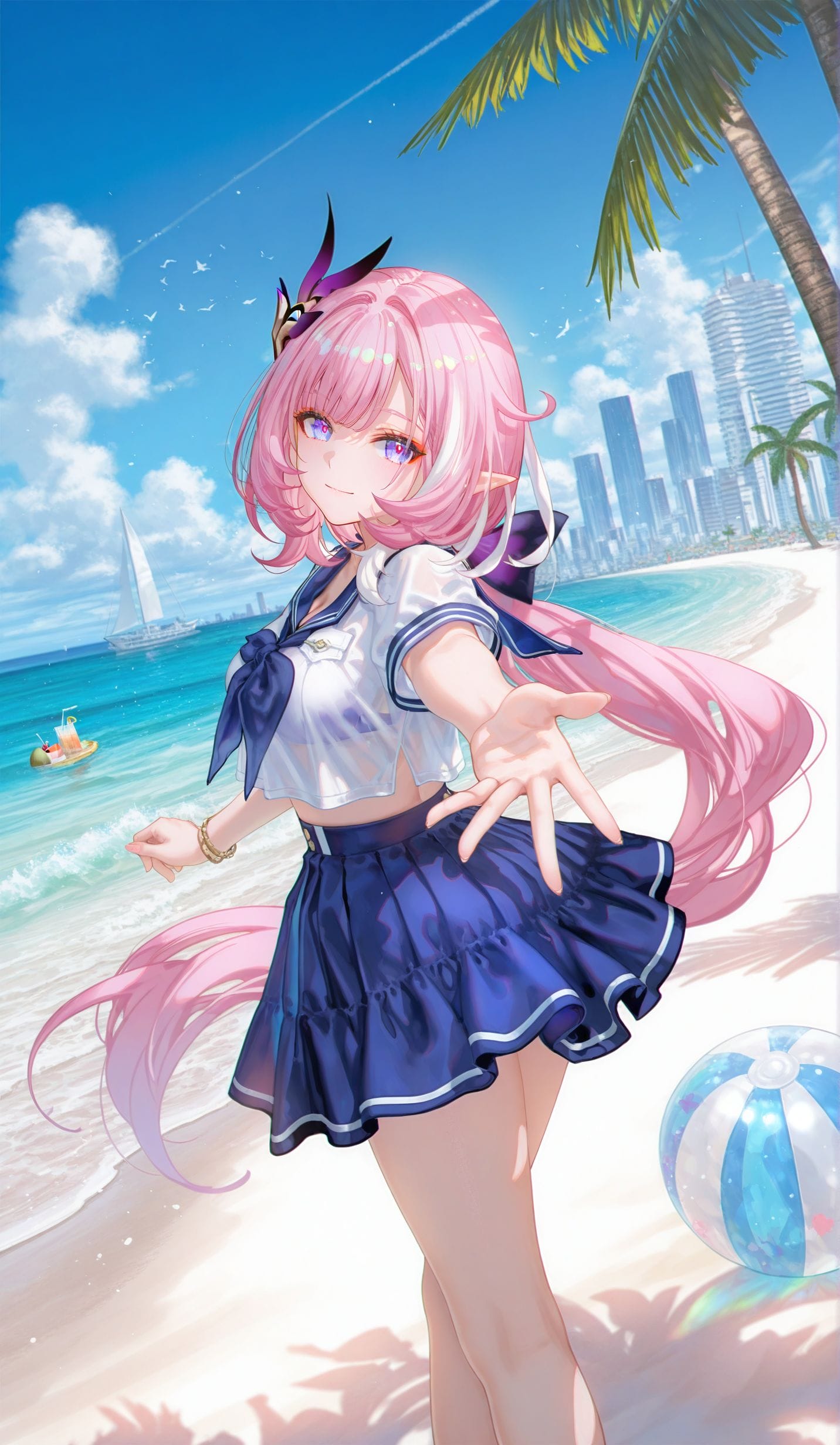 二次元 游戏 爱莉希雅 崩坏三 ai绘画 海边 沙滩