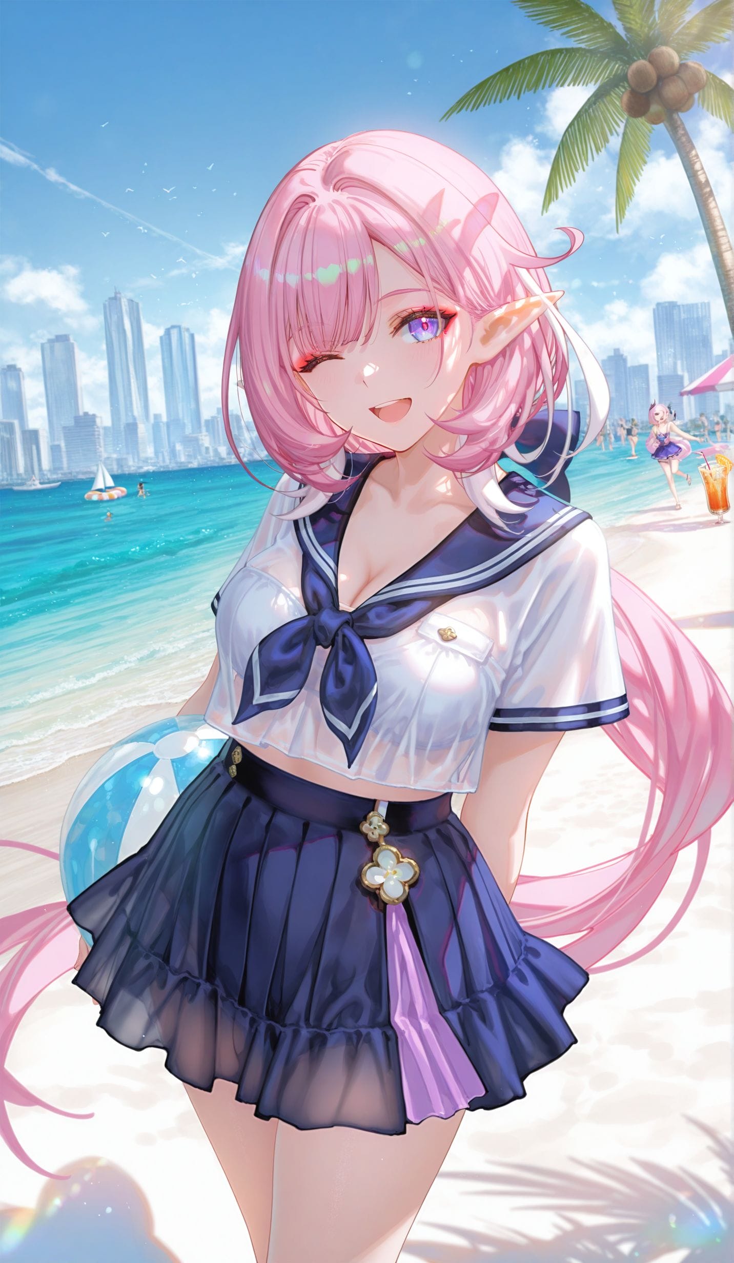 二次元 游戏 爱莉希雅 崩坏三 ai绘画 海边 沙滩