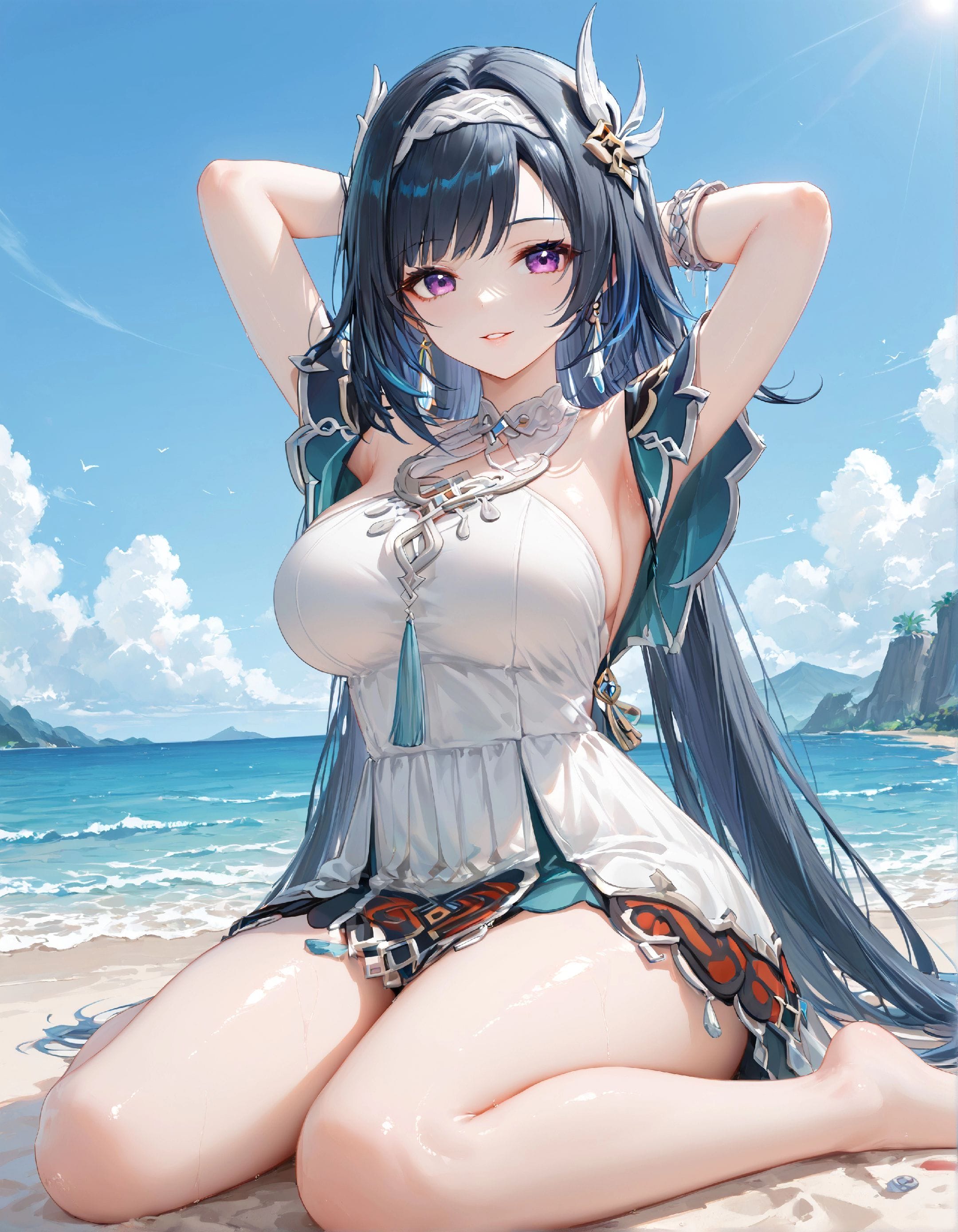 二次元游戏 原神纳塔 少女蓝砚 海边沙滩-皮皮兔动漫